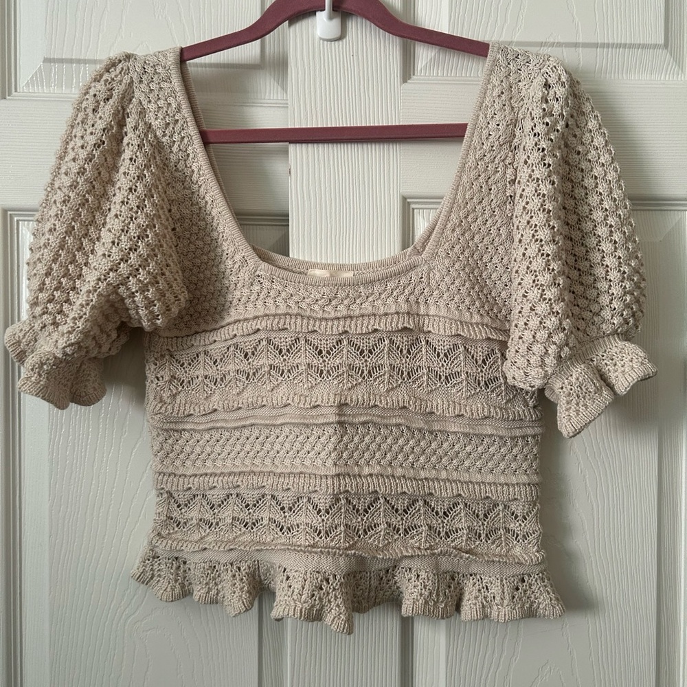 BIBI Square neck puff sleeve crochet top m